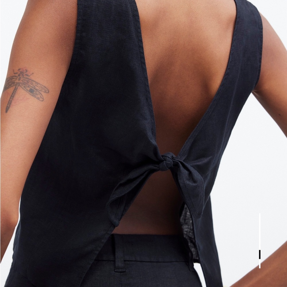 Madewell Black Sleeveless Tie Back Scoopneck Linen Tank Top - Picture 2 of 6